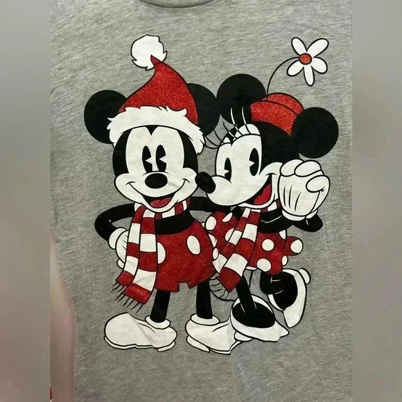 Disney Christmas Mickey Minnie Shirt Junior Sparkly Gray Long Sleeve Size M 7/9 - Picture 4 of 6